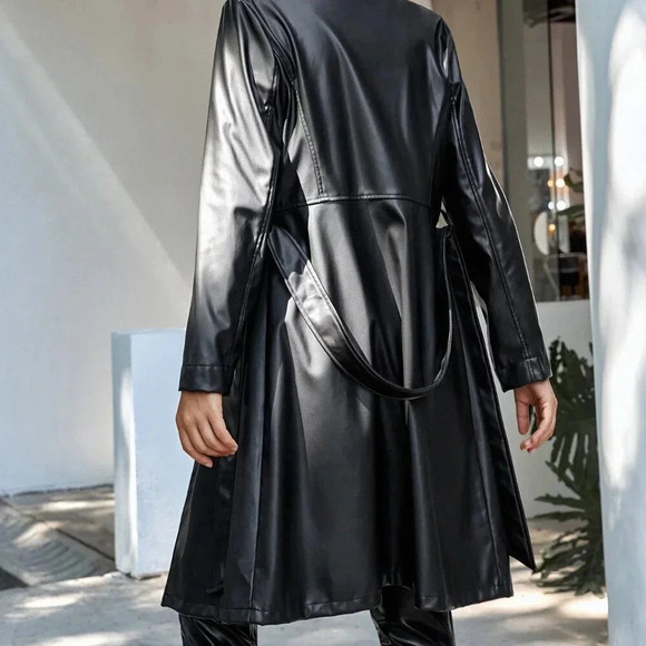 Black Party Women's Lapel Collar Belted Faux Leather Trench Coat - Picture 3 of 6